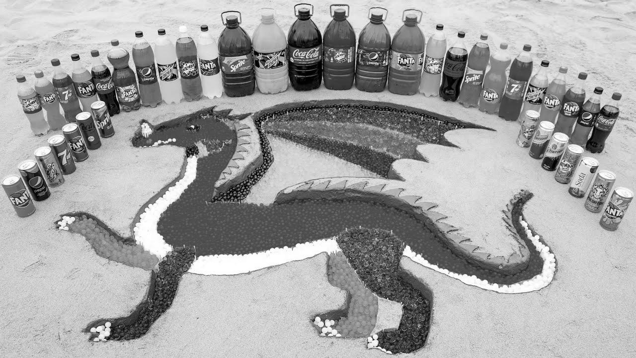  make Rainbow DRAGON with Orbeez Colourful, Large Coca Cola, Fanta and Mentos & Standard Sodas